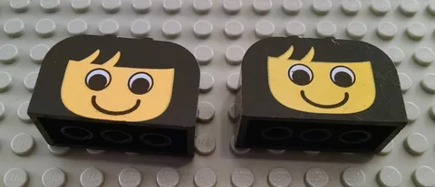 LEGO Lot of 2 Black 2x4x2 Curved Top Bricks with Girl Face Pattern