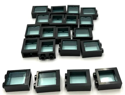 Lego 20 New Black Frame 1 x 2 x 2 Flat Front Trans-Light Blue Windows