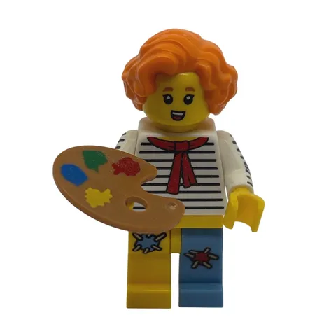 LEGO Female Artist Minifigure Orange Hair Striped Shirt Paint Palette Redhead