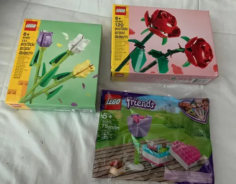 New & Unopened Lego 40460 Roses, 40461 Tulips & 30411 Flower Chocolate Box