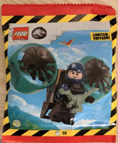 Lego Jurassic World Ranger with Helipack and Baby Raptor Paper Bag