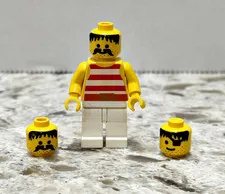 LEGO Vintage Red White Striped Shirt Pirate MiniFigure plus 2 Extra Heads