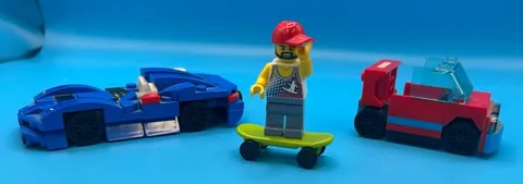 LEGO Minifigure Skater, Blue Sports Car, Red Truck Vehicle Lot - Mixed Parts