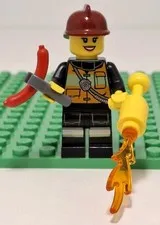 Lego Female Firefighter Minifigure Roasting Hotdog With Torch & Helmet