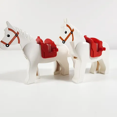Lego Horse Minifigure Lot of 2 White Dark Orange Bridle Black Eyes Red Saddle