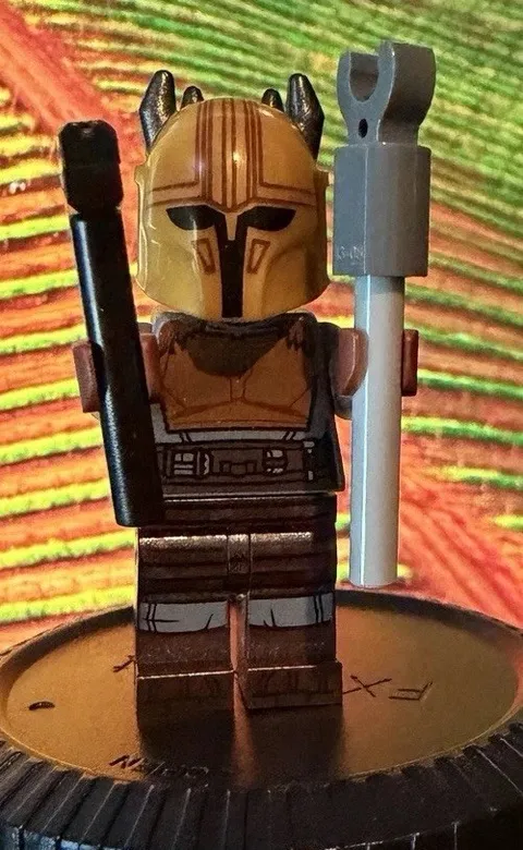 LEGO Minifigure with Gold Mandalorian-Style Helmet and Staff Accessory