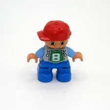 Lego Duplo Boy Figure with #8 on Shirt Blue Pants Red Baseball Cap