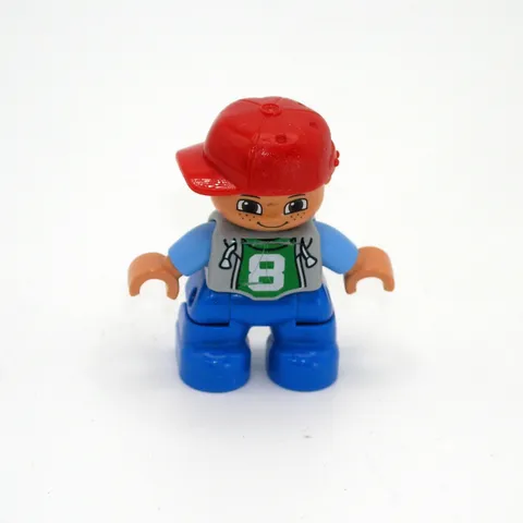 Lego Duplo Boy Figure with #8 on Shirt Blue Pants Red Baseball Cap