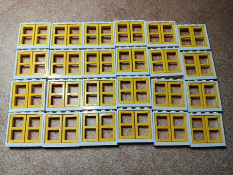 LEGO LOT 24 WHITE WINDOW FRAMES 1X4X3 WITH YELLOW PANES #60594