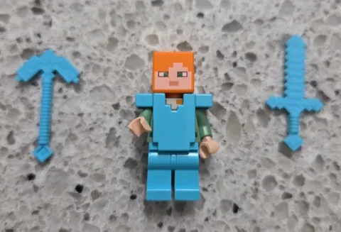 LEGO Minecraft Alex Minifigure Figure Blue Diamond Armor Pick Axe Sword