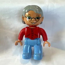 LEGO Minifigure Grandma with Gray Hair Glasses Red Shirt Blue Pants