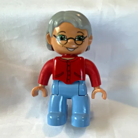 LEGO Minifigure Grandma with Gray Hair Glasses Red Shirt Blue Pants