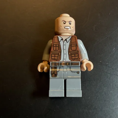 LEGO Minifigure Brown Vest w/ Gray Pants, Bald Head, Plastic Figure