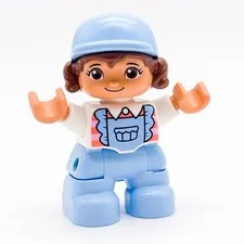 LEGO DUPLO Girl Figure Curly Cap Light Blue Dungarees Pink Stripes 47205pb088