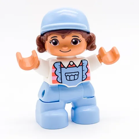 LEGO DUPLO Girl Figure Curly Cap Light Blue Dungarees Pink Stripes 47205pb088