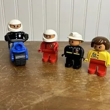 Vintage Lego Duplo Figure Lot of 4 Police (+ Motorcycle) Fire Construction Racer