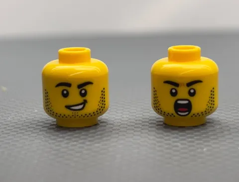 LEGO Yellow Male Minifigure Head Black Stubble Eyebrows Shouting Smile Series 29