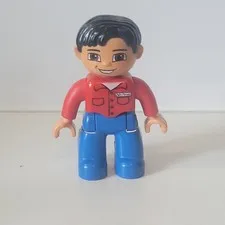 LEGO Duplo Male Figure Red Blue Name Tag Shirt Pockets Black Side Hair Man Guy