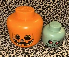 2- LEGO Halloween JACK O LANTERN PumpkinS keleton Storage Head Large and Small 
