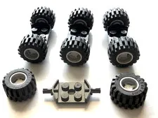 Lego 8 Matched Gray Wheels with Tires and Black Axles Car Truck  Tractor Part V2