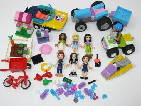 Lego Friends 7 Minifigures Lot Boat Car Tractor Accessories Food Bicycle ATV