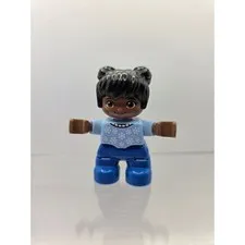 LEGO Duplo Girl Figure Black Hair Space Buns Blue Snowflake Winter Sweater Pants