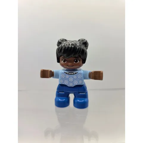 LEGO Duplo Girl Figure Black Hair Space Buns Blue Snowflake Winter Sweater Pants