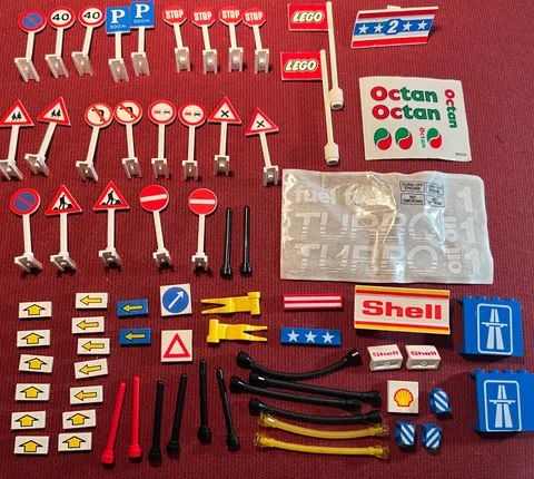 Lego lot of 70+ assorted road signs, posts, misc signs, hoses, stickers, etc.