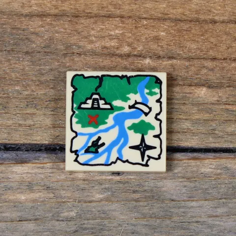 LEGO Tan Tile 2x2 w/Map River, Mayan/Aztec Ruins, and Red 'X' Pattern 3068pb0161
