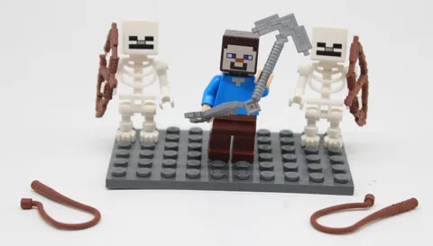 Lego Minecraft Minifigures Lot Of 3 - Steve, 2 Skeletons, Pick Axe, Bow & Arrow