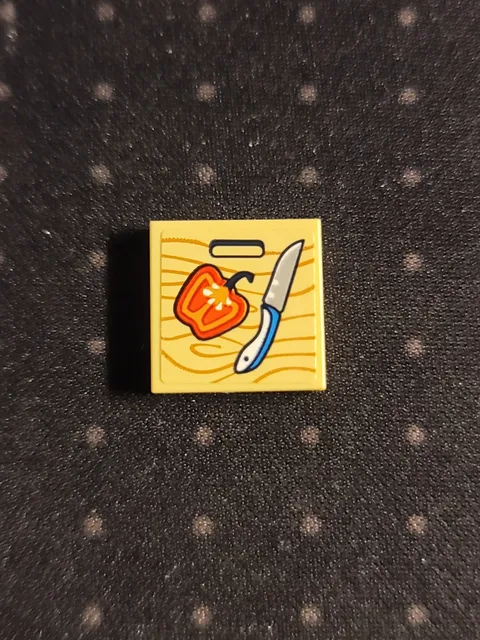 LEGO 2x2 Decorated Tile: Stickered Red Pepper + Knife On Wood Cutting Board