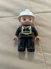 Lego Duplo Figure Fireman Black Pants White Hat Gray Mustache Firefighter