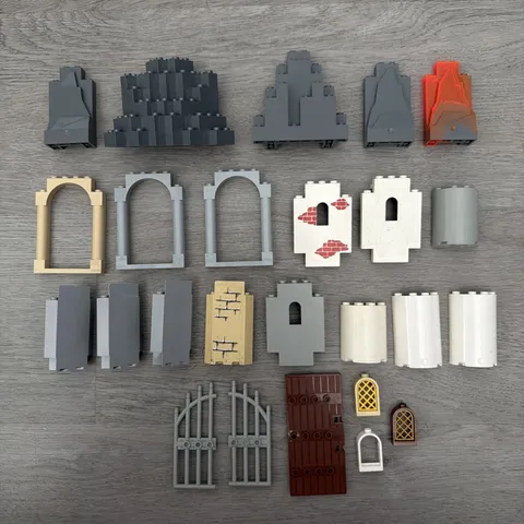 LEGO Mixed Lot Castle Wall Parts Panels Frames Gates Rock Panels Grey White Tan 