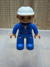 Lego Duplo Figure CONSTRUCTION WORKER-- White Hat, Blue Shirt & Pant Replacement