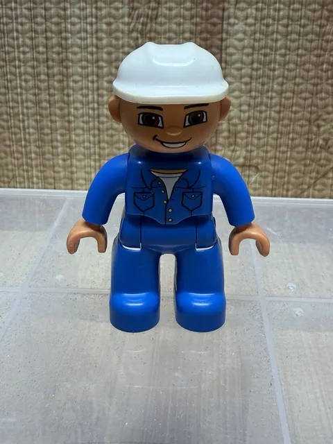 Lego Duplo Figure CONSTRUCTION WORKER-- White Hat, Blue Shirt & Pant Replacement