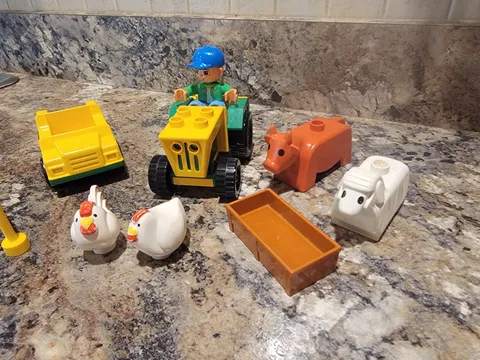 Vintage Duplo Green and Yellow Tractor animals, Cow Sheep Chickens and Car