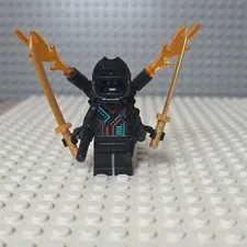 LEGO NINJAGO Black Ninja Minifigure w/ 2 Gold Swords & Orange Flame Pieces
