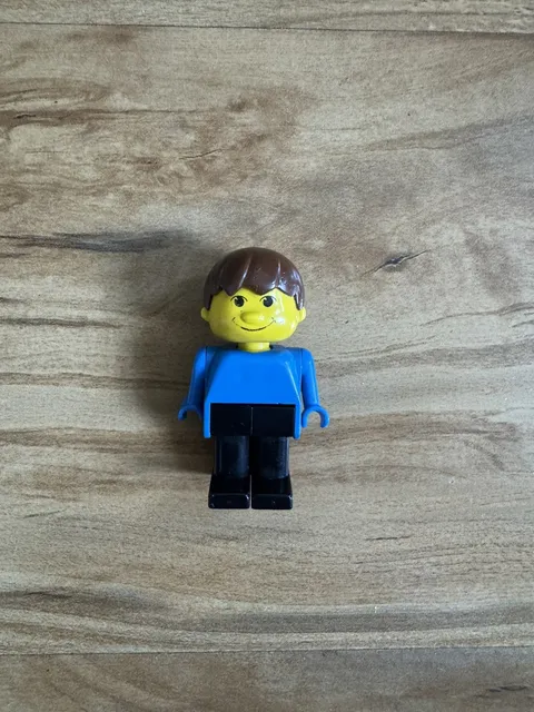Vintage Lego Minifigure Basic Human Boy Blue Shirt Brown, Black Pants, 390-1