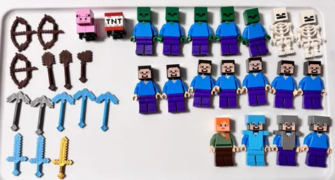 LEGO Minecraft Minifigure Steve, Alex, Zombie, Skeleton, TNT, Pig, Items
