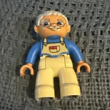 Lego Duplo Male  Grandfather Grey Hair Tan Overalls Blue Shirt  2.5" Tall A10