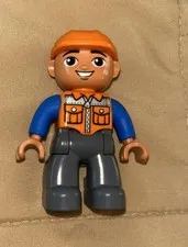 Lego Duplo Figure Man Construction Worker, Orange Vest, Hard Hat, Grey Pants B1