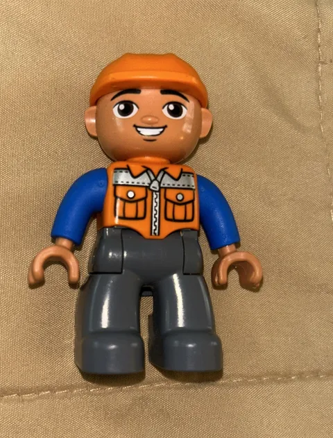 Lego Duplo Figure Man Construction Worker, Orange Vest, Hard Hat, Grey Pants B1