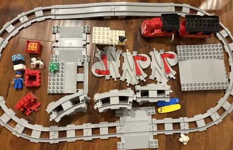 LEGO Duplo 10874 Motorized Red Locomotive Train & Gray Strait Curve Tracks 75 Pc