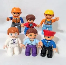 6 Duplo Figures - Bob Builder Boy Male Female Jurassic Claire Train Conductor 