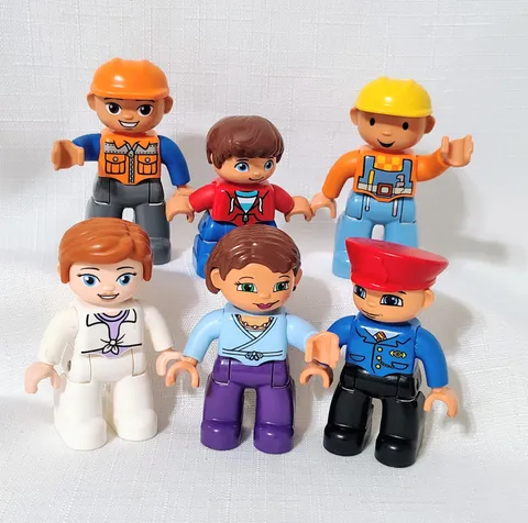 6 Duplo Figures - Bob Builder Boy Male Female Jurassic Claire Train Conductor 