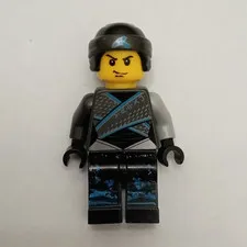 LEGO Black & Gray Outfit Plastic Minifigure w/ Helmet, Black Hair & Blue Print