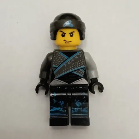 LEGO Black & Gray Outfit Plastic Minifigure w/ Helmet, Black Hair & Blue Print