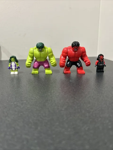 LEGO Marvel superhero’s Red Hulk, Red She Hulk, Hulk, and She Hulk minifigures 