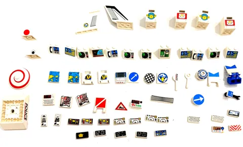 Vintage LEGO White Printed Parts Lot Specialty Bricks Slopes Tiles Space Town