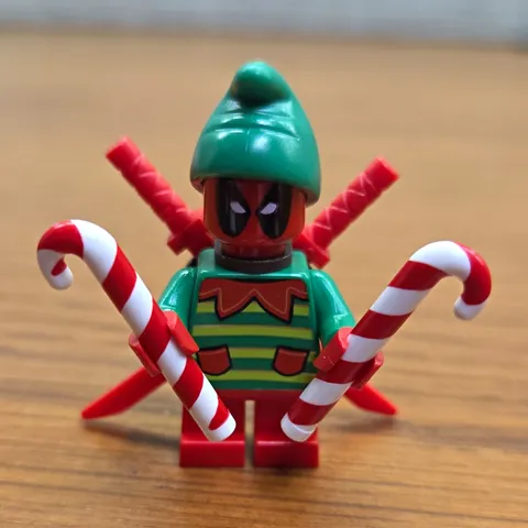 LEGO Holiday Deadpool Elf Custom Minifigure w/ Elf Outfit, Candy Canes